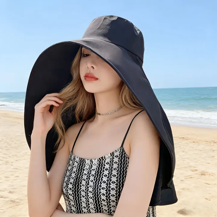 Wide%20Brim%20Sun%20Hat%20For%20Women%20With%20Neck%20Face%20Protection%20Ponytail%20Design%20Shawl%20Hat%20For%20Beach%20Outdoor%20Travel%20And%20Photography%20-%20Image%202