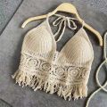 Women Beach Crop Tops Hollow Cover-Ups Perspective Tassel Sexy Spaghetti Strap Swinwear Built In Bra Backlless Halter Neck. 