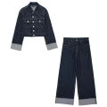 HH Women Fashion Denim Set Casual Lapel Long Sleeve Crop Jacket Buttons Female Vintage Wide Leg Loose Jeans Long Pants.