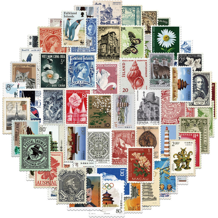 10/20/50 PCS All Different Postage Stamps Style Desc Stickers For Scrapbooking And  Journaling