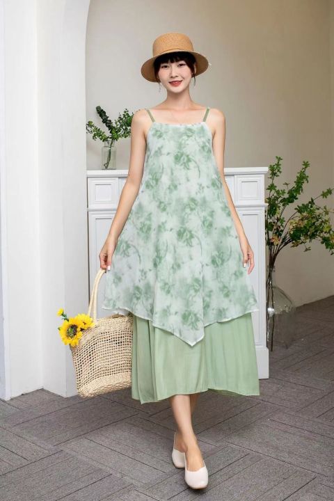 Green Tie Dye Dresses Women Thin Baggy Summer Sleeveless Vacation