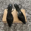 Black Embroidered Mesh Slingback High Heels Sandals for Women Designer Shoes Woman Elegant Style Wedding Party Pumps. 
