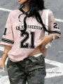 2026 Summer New Retro Enjoy Freedom No.21 Print T-Shirt For Women V-Neck Short Sleeve Sports Football Jersey Y2K Oversized Tops.