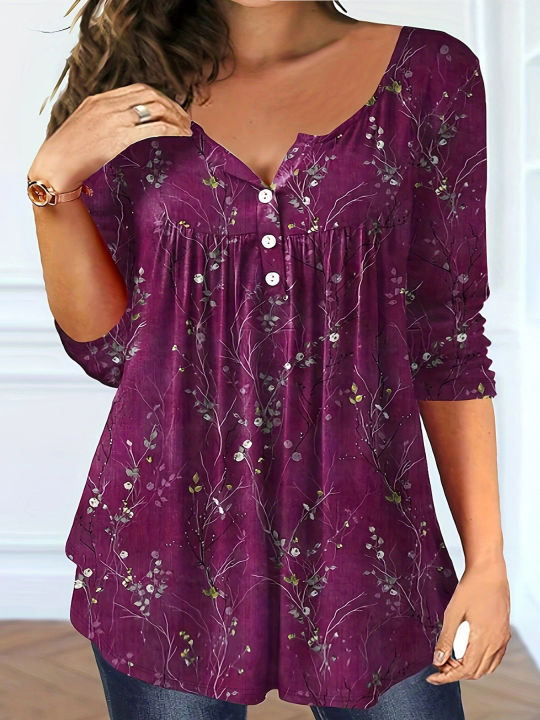 Plus%20Size%20Women's%20Spring%20and%20Autumn%20Long%20Sleeve%20Random%20Plant%20Print%20Button%20T-Shirt%20-%20Image%202