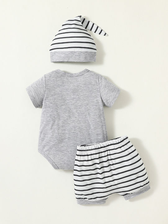 3Pcs%20Baby%20Boys%20Short%20Sleeve%20Cartton%20Panda%20Pansuit%20For%20Spring/Summer%20Casual%20Cute%20Sets+Hat%20-%20Image%202