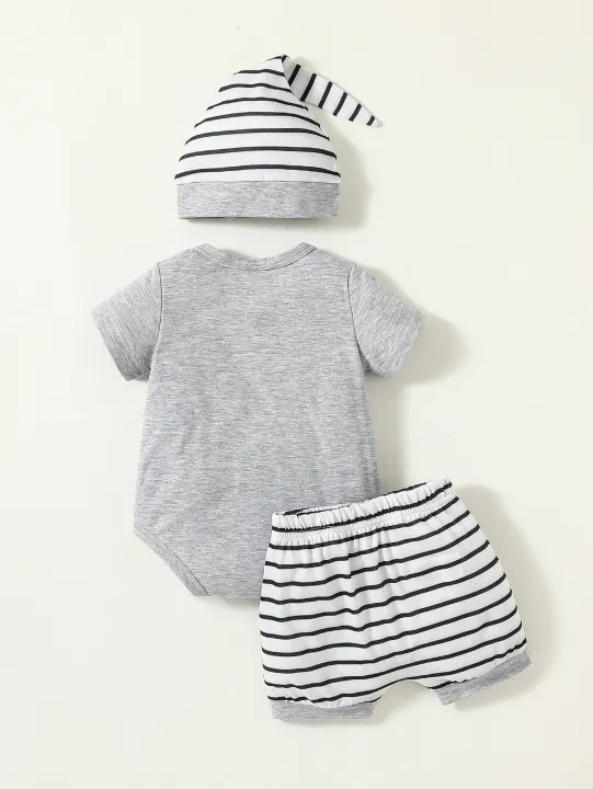 3Pcs%20Baby%20Boys%20Short%20Sleeve%20Cartton%20Panda%20Pansuit%20For%20Spring/Summer%20Casual%20Cute%20Sets+Hat%20-%20Image%202
