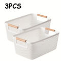 Durable Open Plastic Storage Basket with Double Wooden Handles - For Bathroom, Kitchen, and Outdoor Organization, Shelf Baskets. 
