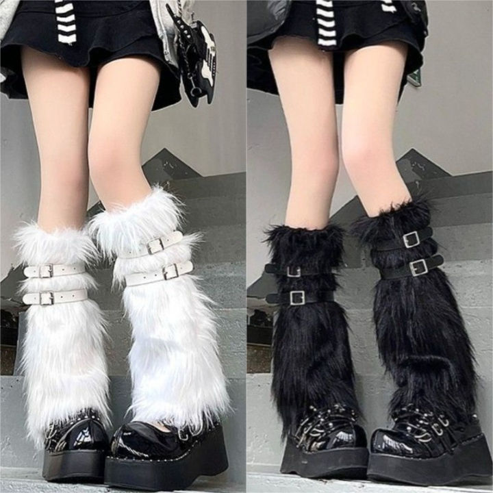 Furry Leg Warmers Women Sweet Lolita Leather-Buckle Plush Leg Covers Y2k Hottie Subculture JK Long Socks Punk Gothic Foot Covers