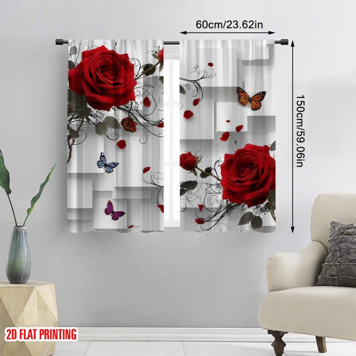 2pcs%202D%20flat%20printing%20Window%20Curtains%20Red%20Rose%20Butterfly%20Cubes%20Digital%20Printed%20Polyester%20Drapes%20Holiday%20Decorations%20Use%20for%20-%20Image%202