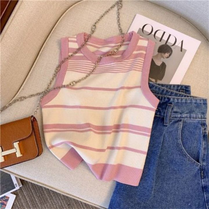 Knitted%20striped%20camisole%20women's%20summer%20outer%20wear%20French%20off-shoulder%20short%20sleeveless%20top%20versatile%20and%20trendy%20-%20Image%206