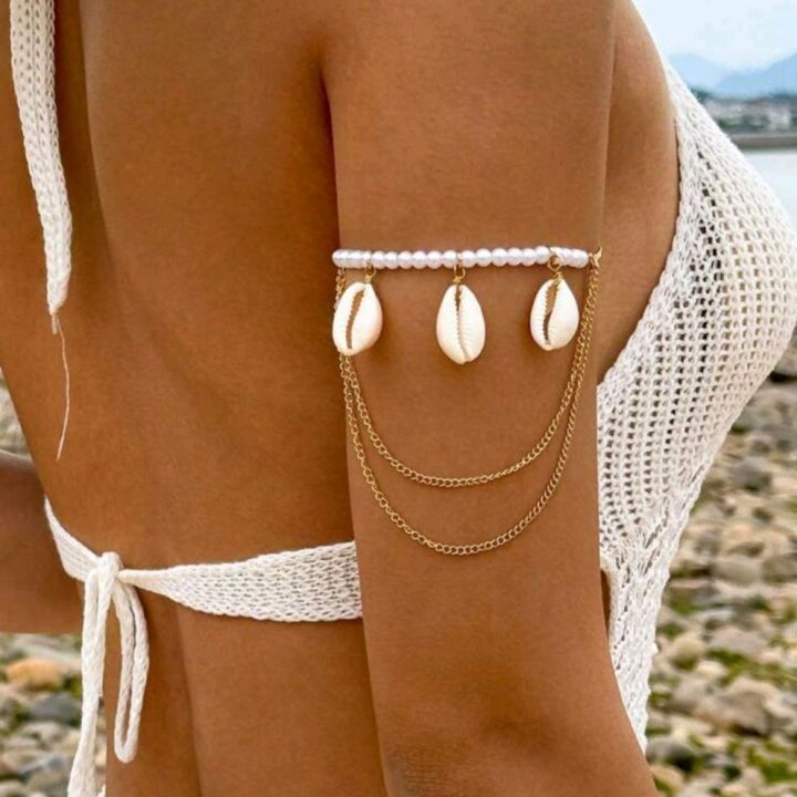 1pc Beach Shell Multilayer Alloy Chain Necklace With Mixed Pearl, Shell, Eye & Starfish Pendants