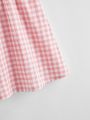 Girls cute pink and white plaid dress - exquisite lace flower decoration. 