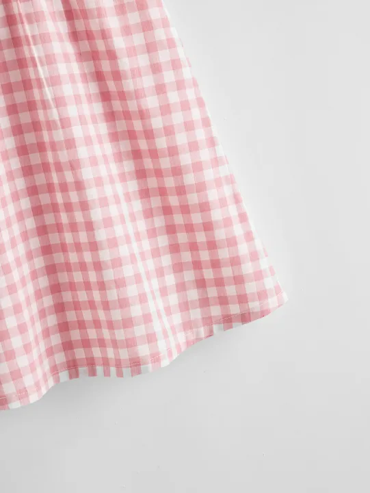 Girls%20cute%20pink%20and%20white%20plaid%20dress%20-%20exquisite%20lace%20flower%20decoration%20-%20Image%206