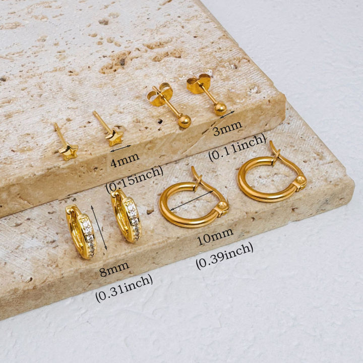 4Pairs%20Stainless%20Steel%20Small%20CZ%20Hoop%20Star%20BalL%20Stud%20Earrings%20Set%20for%20Women,%2018K%20Gold%20Plated%20Earring%20Stack%20for%20Multiple%20Piercing%20-%20Image%205