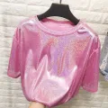 New summer retro style stylish bright silk woman tops shiny loose short sleeve t-shirt sexy club aesthetic harajuku women tshirt. 
