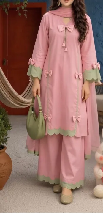 Women%20Pink%203%20Piece%20Stitched%20Suit%20%7C%20Stylish%20Lawn%20Dress%20with%20Scallop%20Detail%20&%20Bows%20-%20Image%203