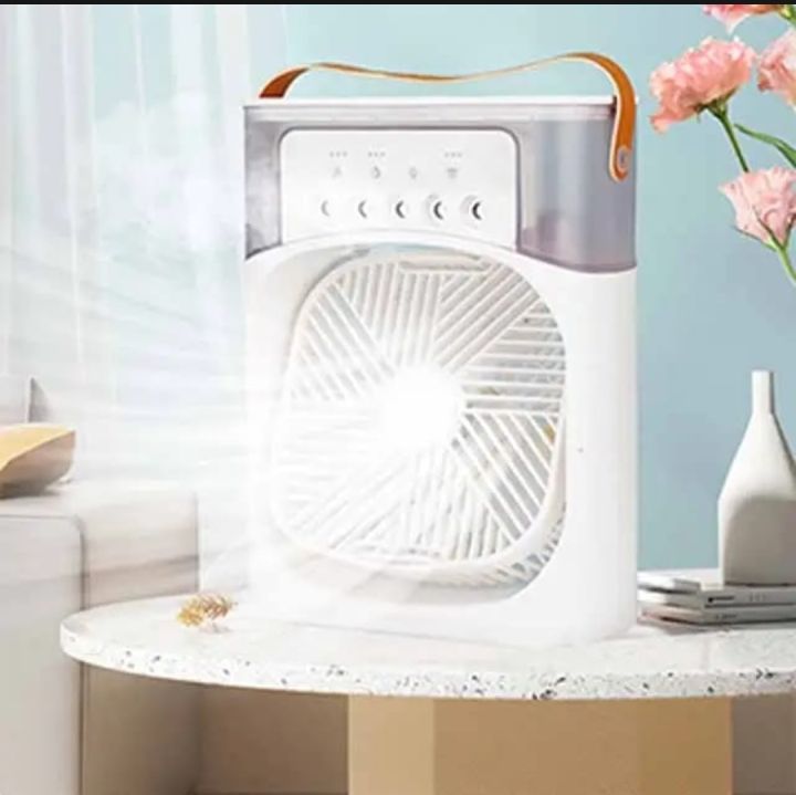3 in 1 mini air coller with ice cubes & fan spray Gear wind adjusment with 7 ambient lighting summer fan stand fan