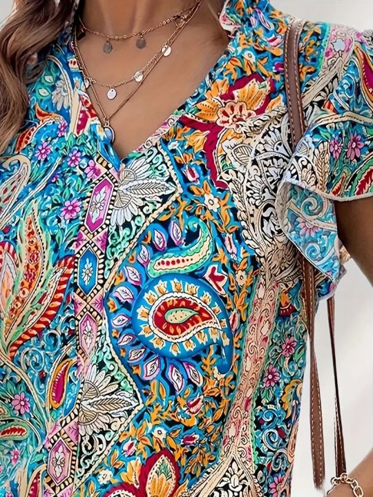 Spring%20Summer%20Women's%20Paisley%20Print%20Blouse%20Vintage%20Notched%20Neck%20Ruffle%20Trim%20Elegant%20Basic%20Layering%20Top%20-%20Image%205
