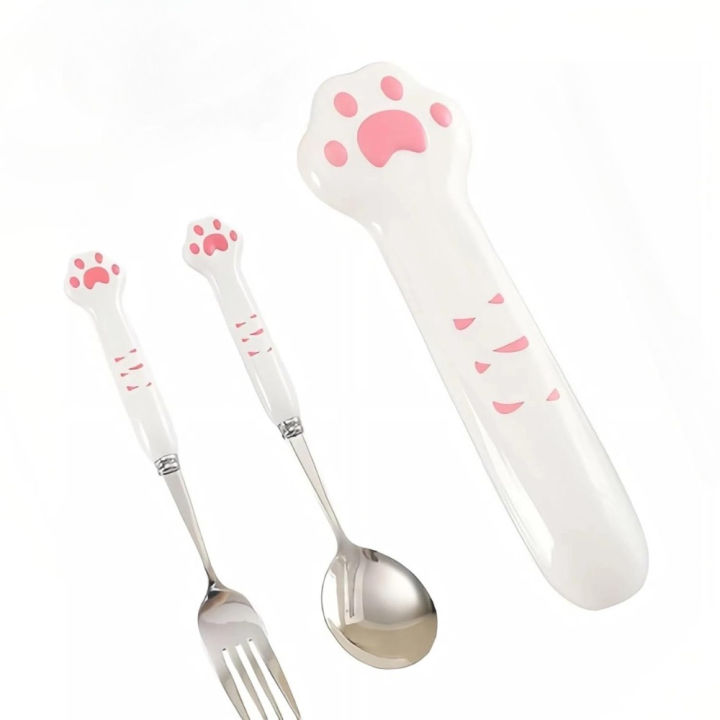 Cute Cat Paw Cutlery Set Portable Flatware Stainless Steel Travel Fork Spoon with Storage Box Lunch Bento Accessories