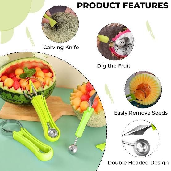 Melon Baller Scoop Set 4 in 1 Stainless Steel Fruit Carving Knife Cutter & Carving Tools Set Fruit Scooper Seed Remover Watermelon Knife for Digging Pulp Separator