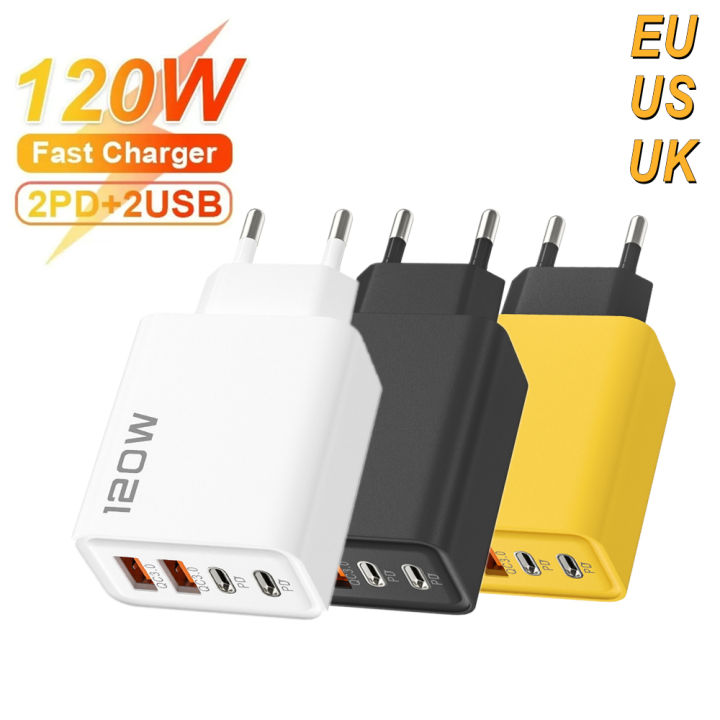 120W USB Charger Quick Charge 3.0 Type C PD Fast Charging Wall Mobile Phone Adapter for iPhone 15 Samsung Xiaomi EU/US/UK Plug
