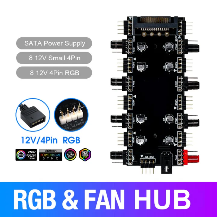 12V 4Pin/5V 3PIN 1 To 8 Multi Way Splitter ARGB/RGB PWM Fan Hub LED ...