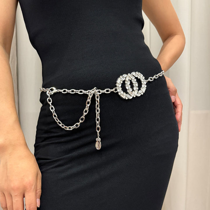 Designer Rhinestone Gold Circle Waist Chain Belt Female High-end Luxury Brands Punk Gothic Y2K Belts For Women Silver Waistband