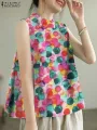 ZANZEA Women Summer Tank Tops 2024 Korean Sleeveless Print Camis Blouse Fashion Round Neck Shirt Casual Loose Round Neck Tunics. 