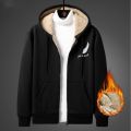 Sweatshirt for Men Coat Jacket Plush Lined Cardigan Hoodie Front Pockets Warm Zipper Lamb Wool Printed Feather Autumn Winter Red. 