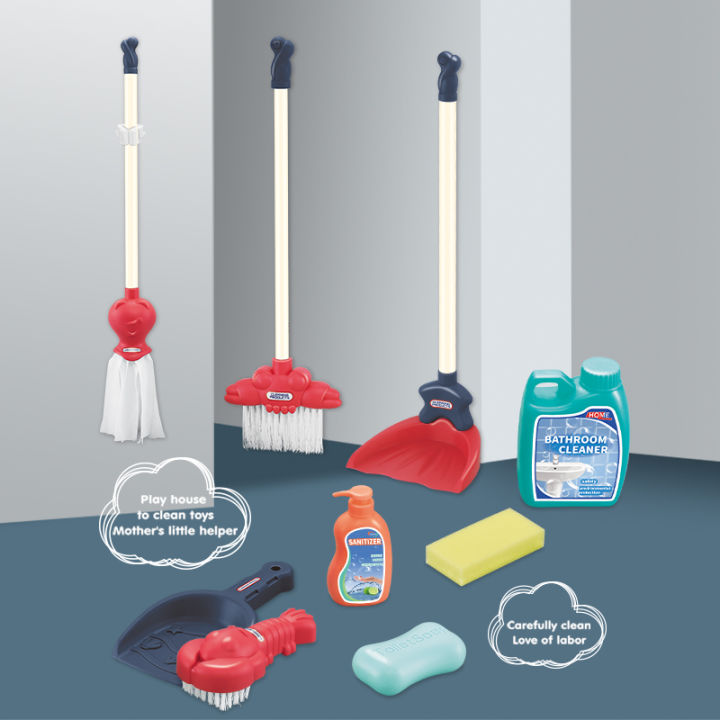 9pcs House cleaning toy Set Mop Sweeping Dustpan Simulation Tool Brush Soap Simulation Game Christmas Gift (random color)
