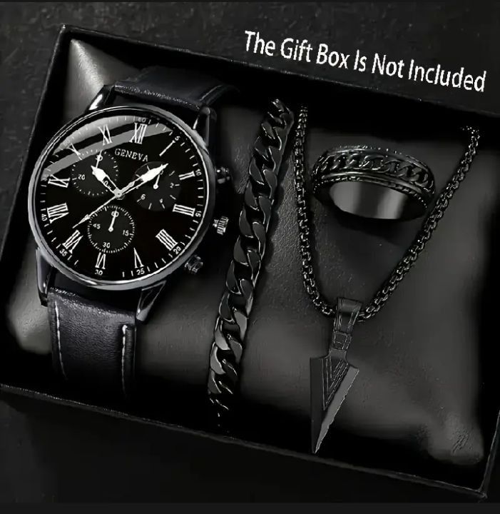4Pcs Men's Casual Business Watch Gift Set – Black Leather Quartz ...