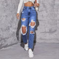 American Retro Hole-punched Jeans Women High Waist Straight-crotch Loose Slim Design High-street Vibe Wide-legged Dragging Pants. 
