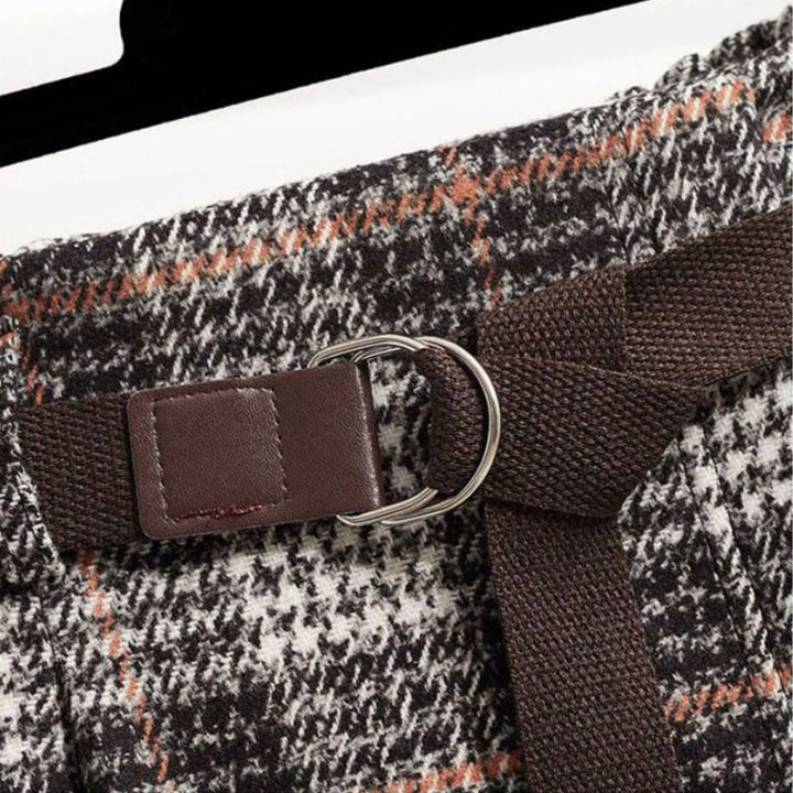 Gray%20Plaid%20Vintage%20Woolen%20Sashe%20Elastic%20High%20Waist%20A-line%20Loose%20Women's%20Skirt%20Mid-Calf%20Long%20Skirts%20For%20Women%20Clothing%20Fashion%20-%20Image%204