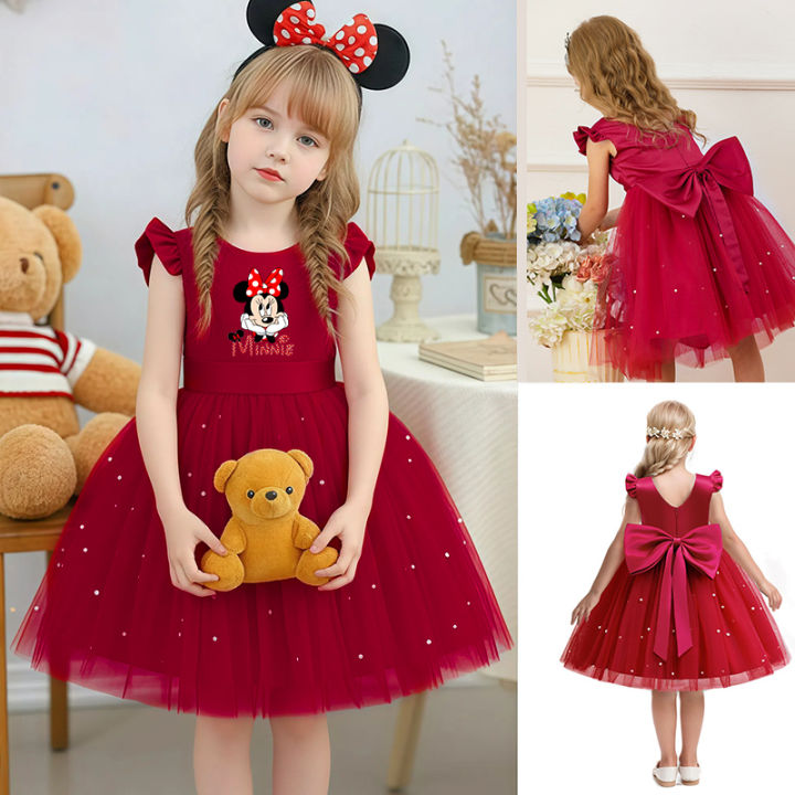 Girls Pearls Dress Gift Minnie Mouse Elegant Princess Wedding Gown Kid Dresses For Girl Children Birthday Party Tulle Dress 3-7Y