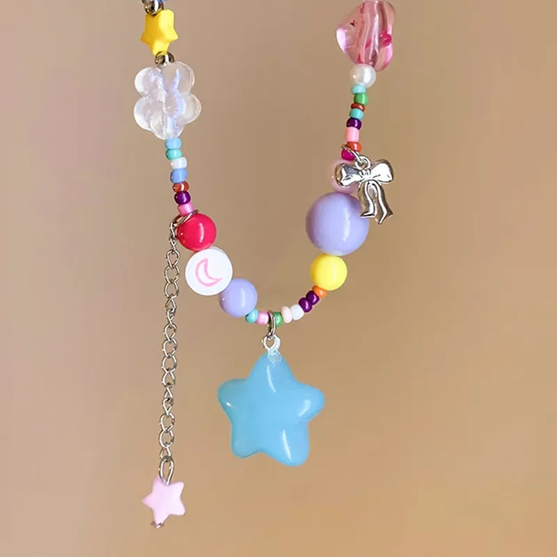 Korean necklace star flower star dopamine Y2K pink beads