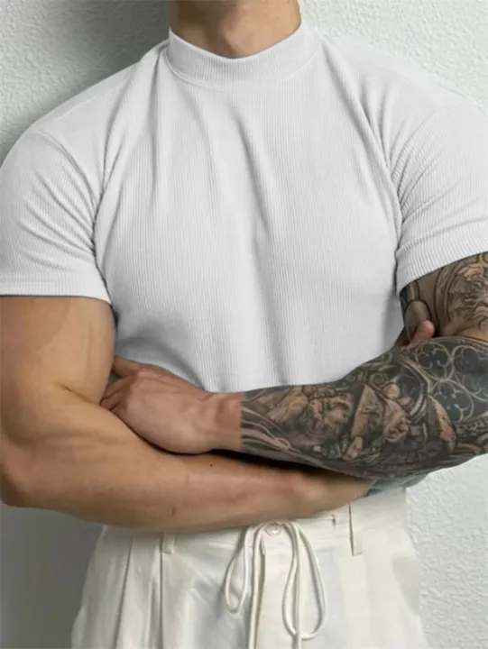 Spring%20Summer%20Fashion%20Men's%20T-Shirt%20Small%20High%20Collar%20Stripe%20Shirt%20Short%20Sleeve%20Fitness%20Top%20Leisure%20Sport%20T-Shirt%20Men%20Sportswear%20-%20Image%206