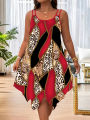 Plus-size women's fashion asymmetrical geometric stripes printed double strap dress.
