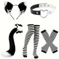 Role playing costume set with black and white stripes, furry tail, gloves and socks, acting props for Halloween.