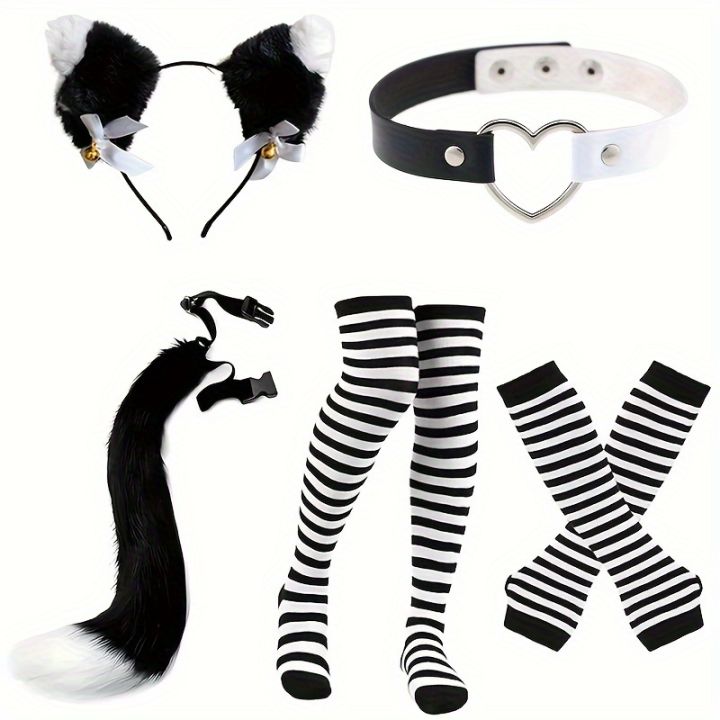 Role playing costume set with black and white stripes, furry tail, gloves and socks, acting props for Halloween