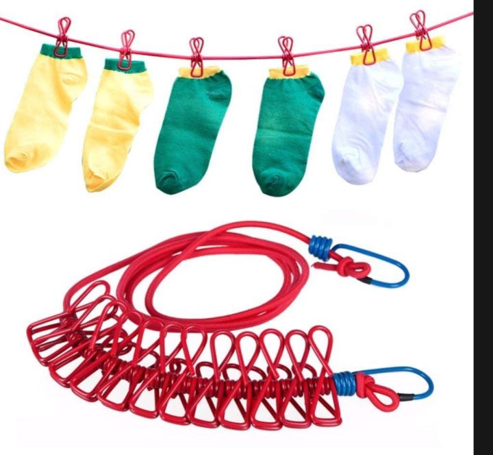 Cloth Drying Rope with Hooks Elastic Cloth Hanging Rope for Cloth Drying with 12 Clips Cloth Rope for Drying Clothes for Travel Home Outdoor Kapde Sukhane ki Rassi Wire - Multicolor