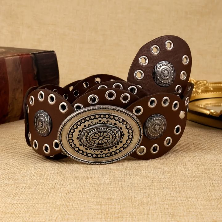 1pc%20Vintage%20Style%20Women'S%20Faux%20PU%20Belt%20with%20Oval%20Rivet%20Buckle%20Waistband%20Vintage%20Personalized%20Belts%20-%20Image%206