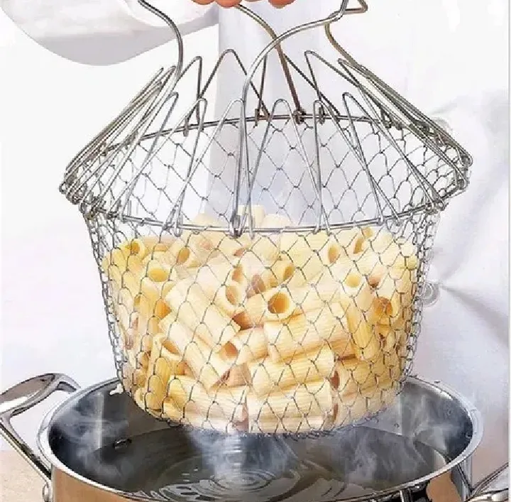 2 in 1 Foldable Chef Basket Vegetable Frying Tool, Multifunctional Stainless Steel Mesh Strainer for Frying, Boiling, Steaming and Draining Vegetables, Pasta and Food, Kitchen Cooking Basket