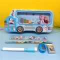 Parteet® New Multicolour Cartoon Printed Van Shape Matal Pencil Box with Accessoriess for Kids (Pink). 