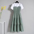 2024 Fashion Strap Fake Two piece Dress Block Summer Short sleeved Dress Women's Waist Tight Dress. 