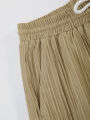 Men's Sophisticated Pleated Set Khaki Textured Cuban Collar Shirt & Elastic Waist Shorts 2 Piece Commute Outfit.