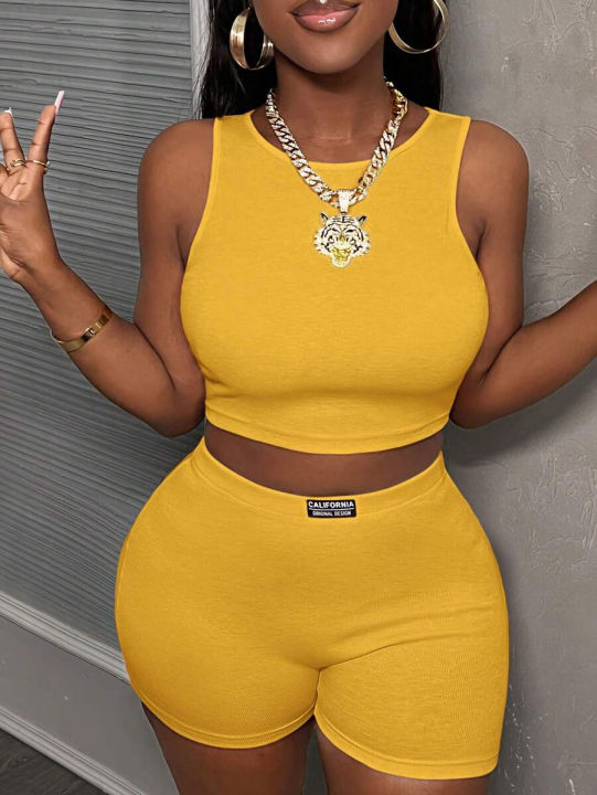 Trendy%20%20Turmeric%20Ribbed%20Two-Piece%20Set%20Women's%20Crop%20Top%20and%20Shorts%20Sporty%20Casual%20Set%20Streetwear%20Nightclub%20Outfit%20-%20Image%205
