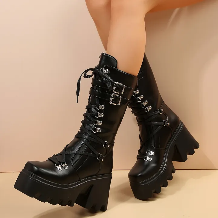 Winter%202024%20New%20Women's%20Fashion%20Mid%20Tube%20Boots%20Lace%20Up%20High%20Platform%20Wedge%20Boots%20New%20Women's%20Fashion%20Solid%20Color%20Boots%20-%20Image%207