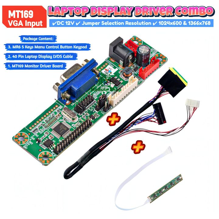 Laptop%20Display%20Monitor%20Combo%20Pack%20MT169%201ch%206bit%2040%20Pin%2025mm%20LVDS%205%20Key%20Manu%20Button%20Keypad%20Supply%2012V%205A%20%20Support%20VGA%20Input%2040%20Pin%20LVDs%201366x768%20&%201024x600%20Resolution%20-%20Image%202