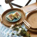 Rattan Tray Round Storage Basket Tray With Wooden Handle Bread Fruit Cake Food Plate Serving Tray for Home kitchen. 