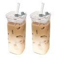2PCS Square Heat Resistant Coffee Glass Cup With Lid and Straw Transparent Milk Tea Juice Cups Coffee Mug For Home Bar Drinkware. 